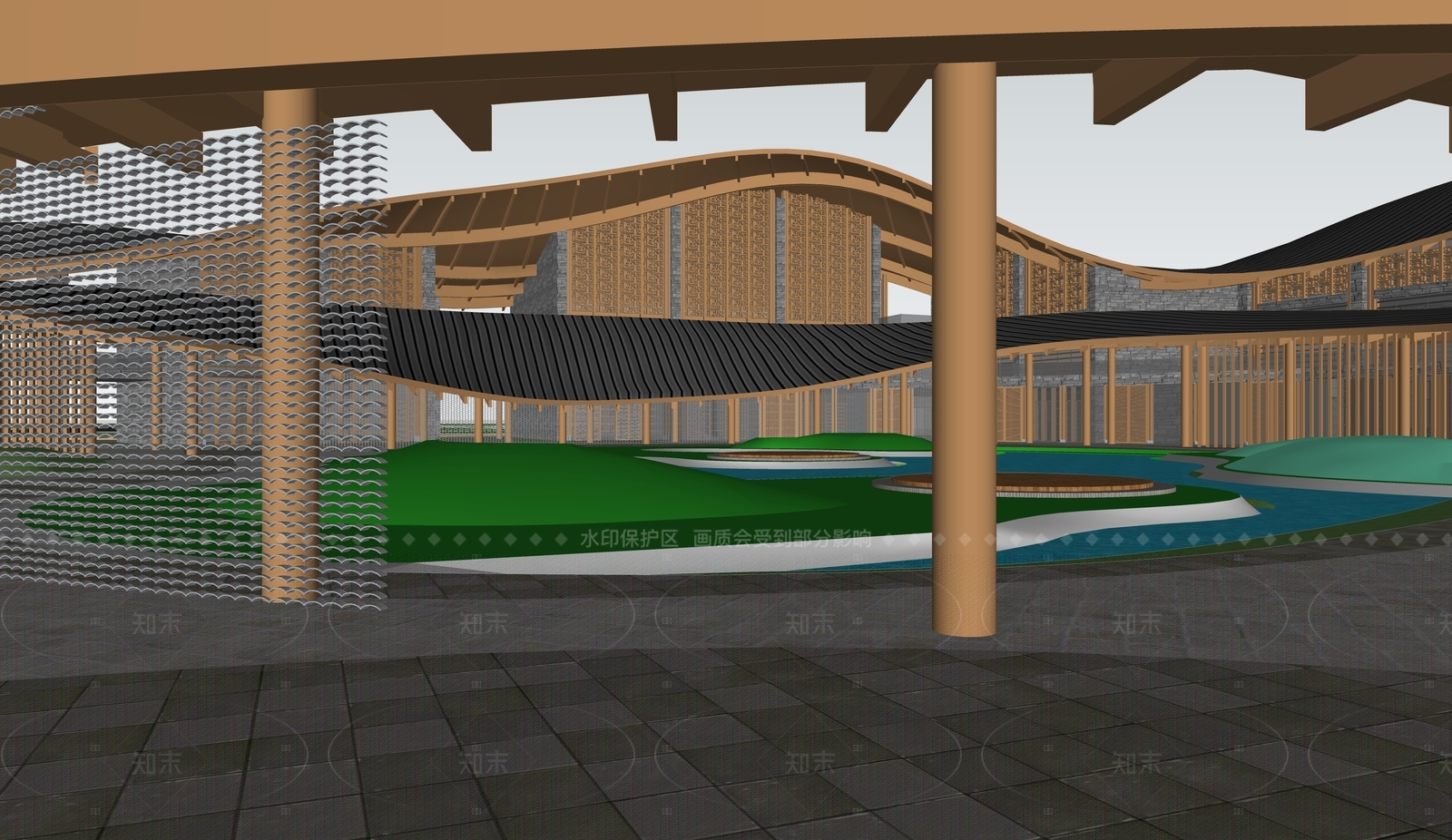 中式新中式展览馆建筑SU模型下载【ID:1205142292】