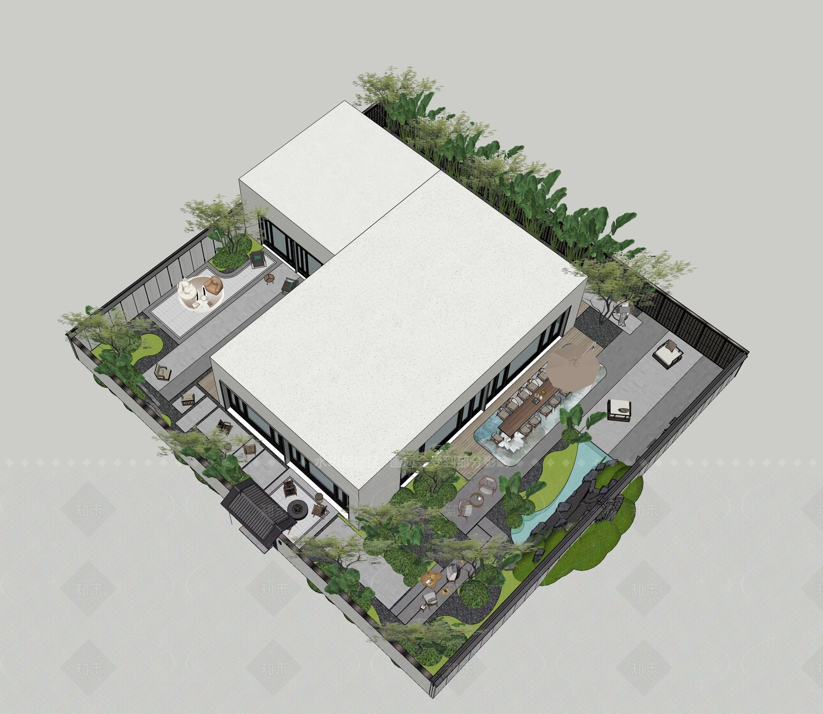 现代新中式别墅庭院SU模型下载【ID:1205156924】