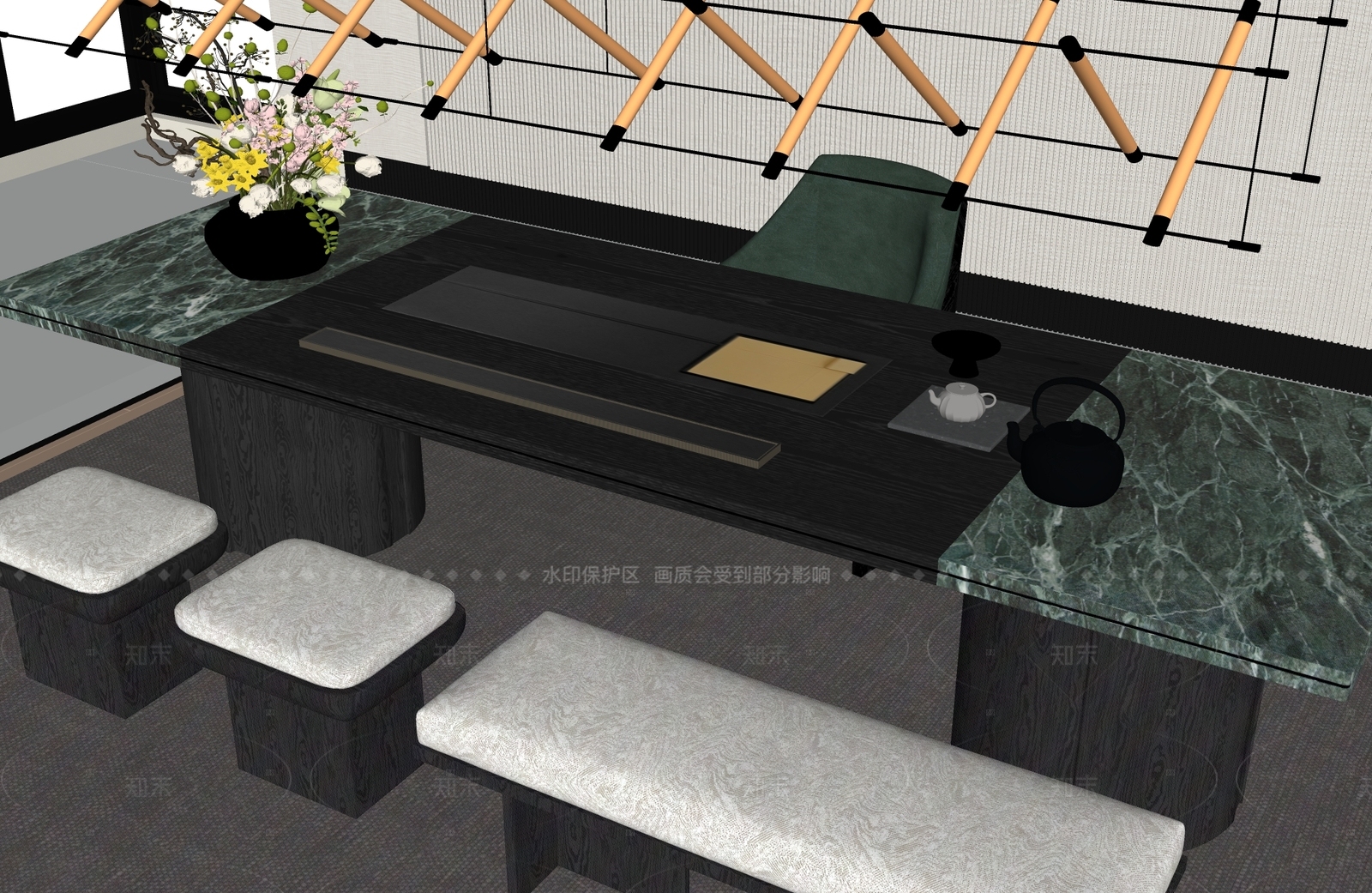 现代新中式茶桌椅SU模型下载【ID:1205216244】
