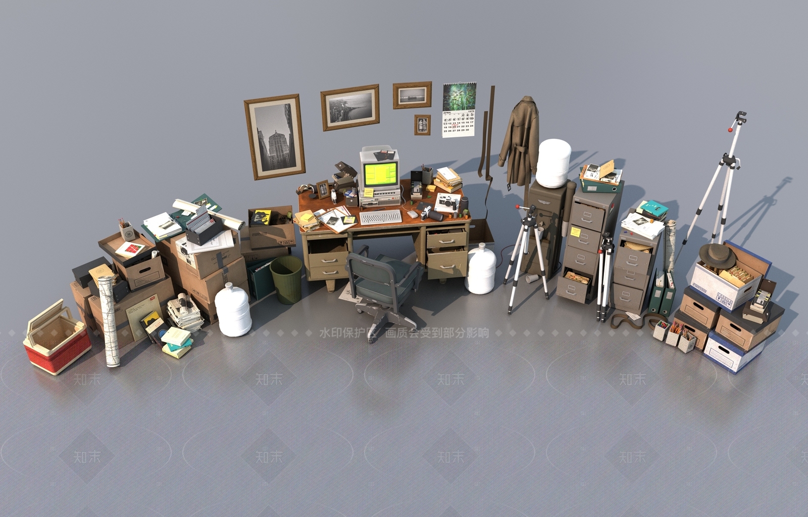复古办公桌椅3D模型下载【ID:1205196129】
