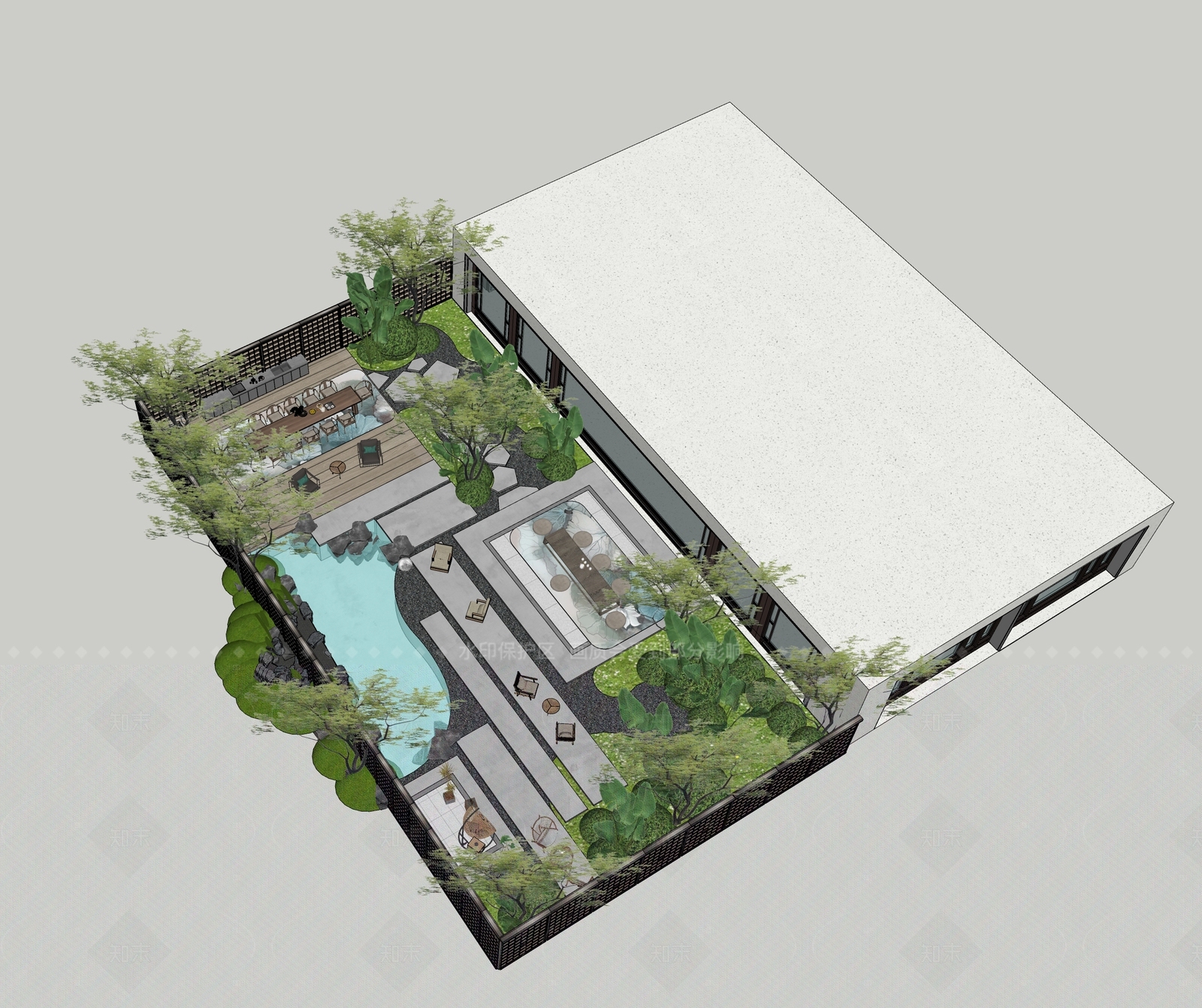 现代新中式别墅庭院SU模型下载【ID:1205196429】
