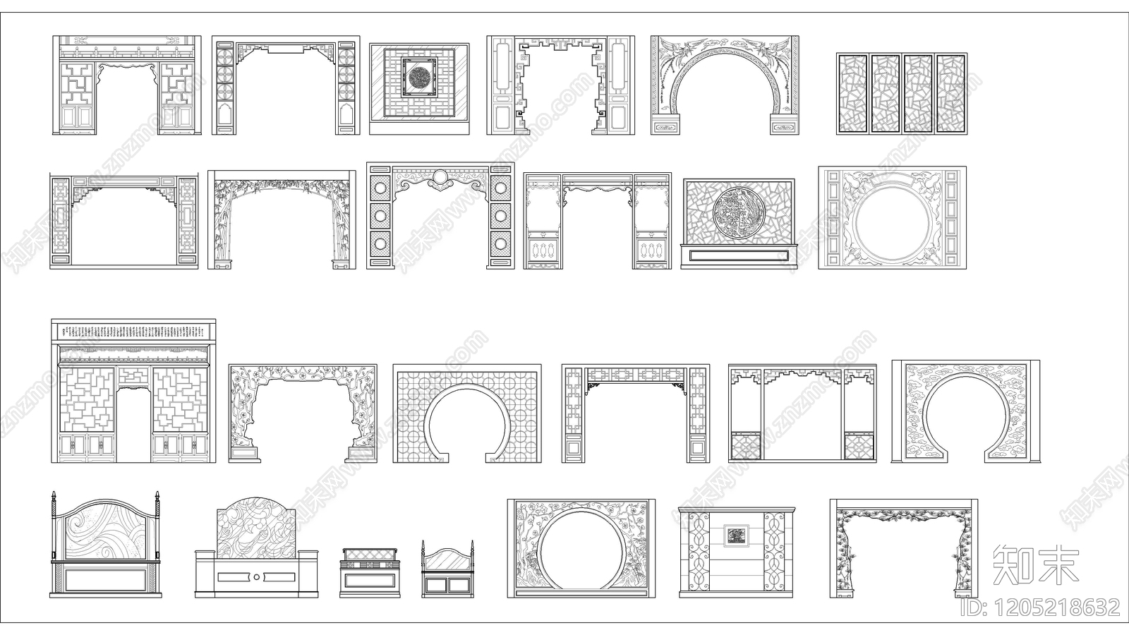 中式屏风隔断施工图下载【ID:1205218632】