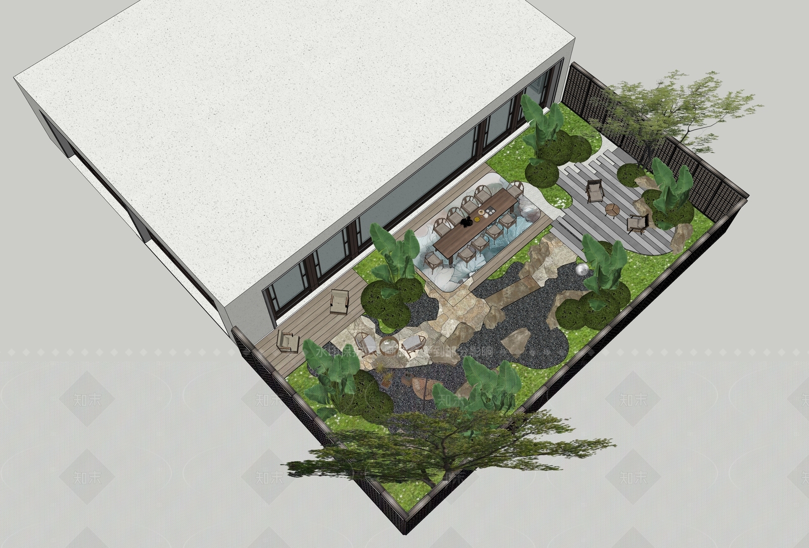 现代新中式别墅庭院SU模型下载【ID:1205229293】