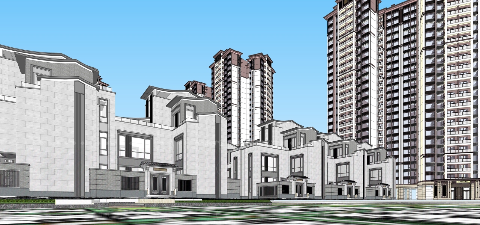 现代新中式小区建筑SU模型下载【ID:1205278032】