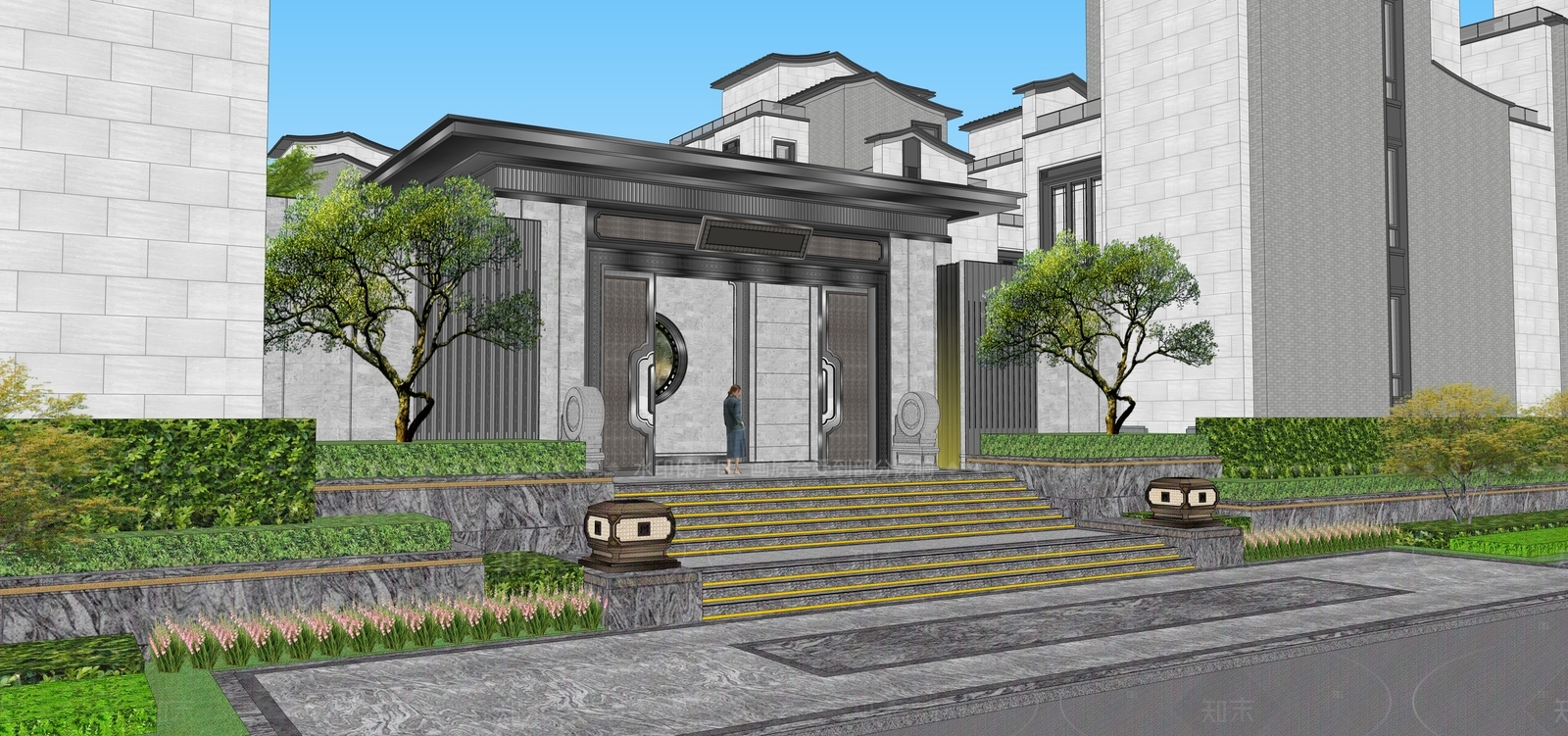 现代新中式小区建筑SU模型下载【ID:1205278032】