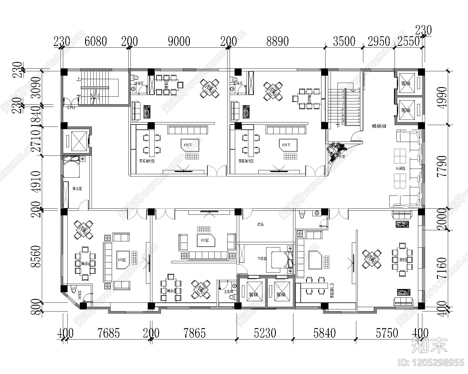 现代新中式棋牌室cad施工图下载【ID:1205298955】