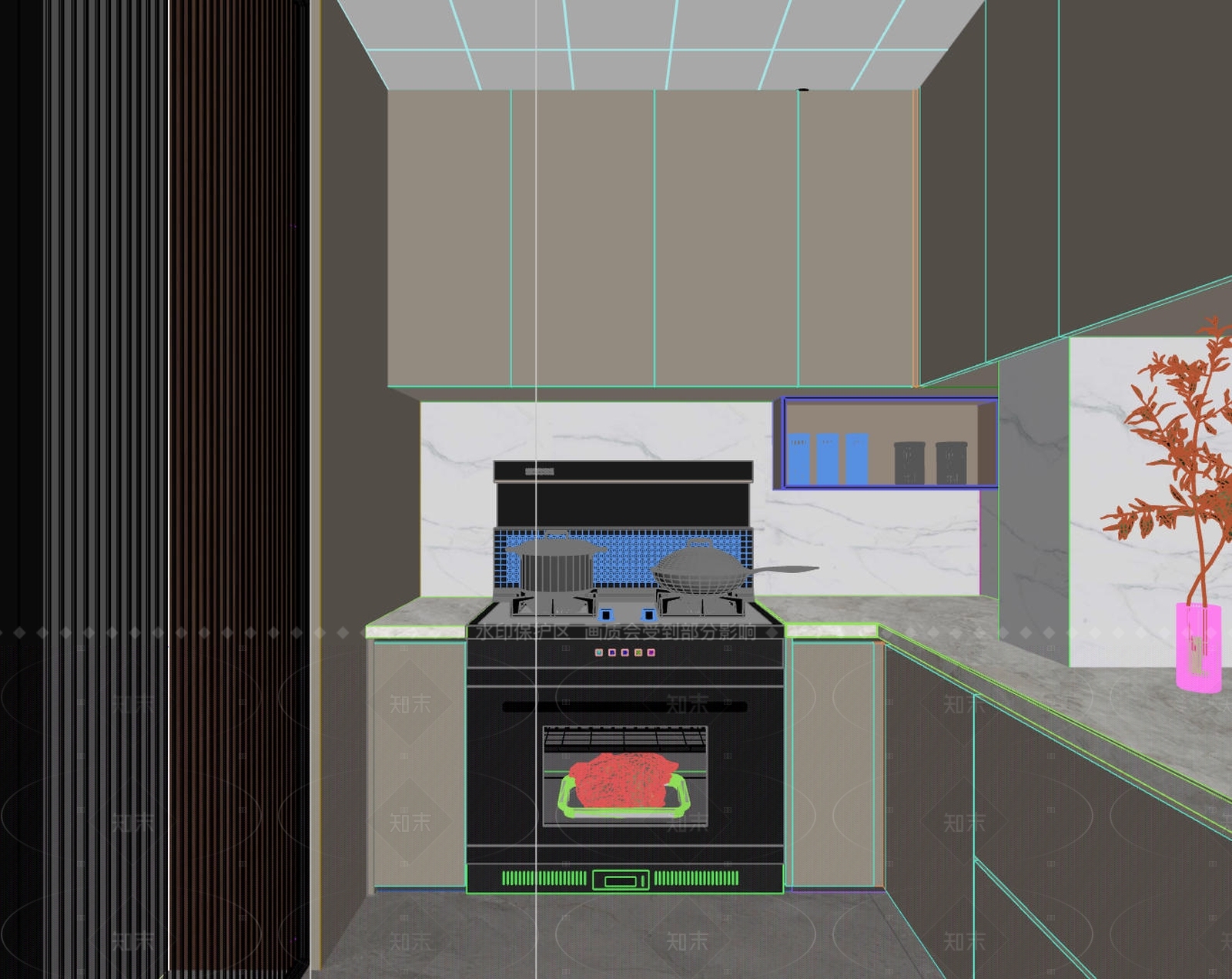 极简新中式封闭式厨房3D模型下载【ID:1205307256】