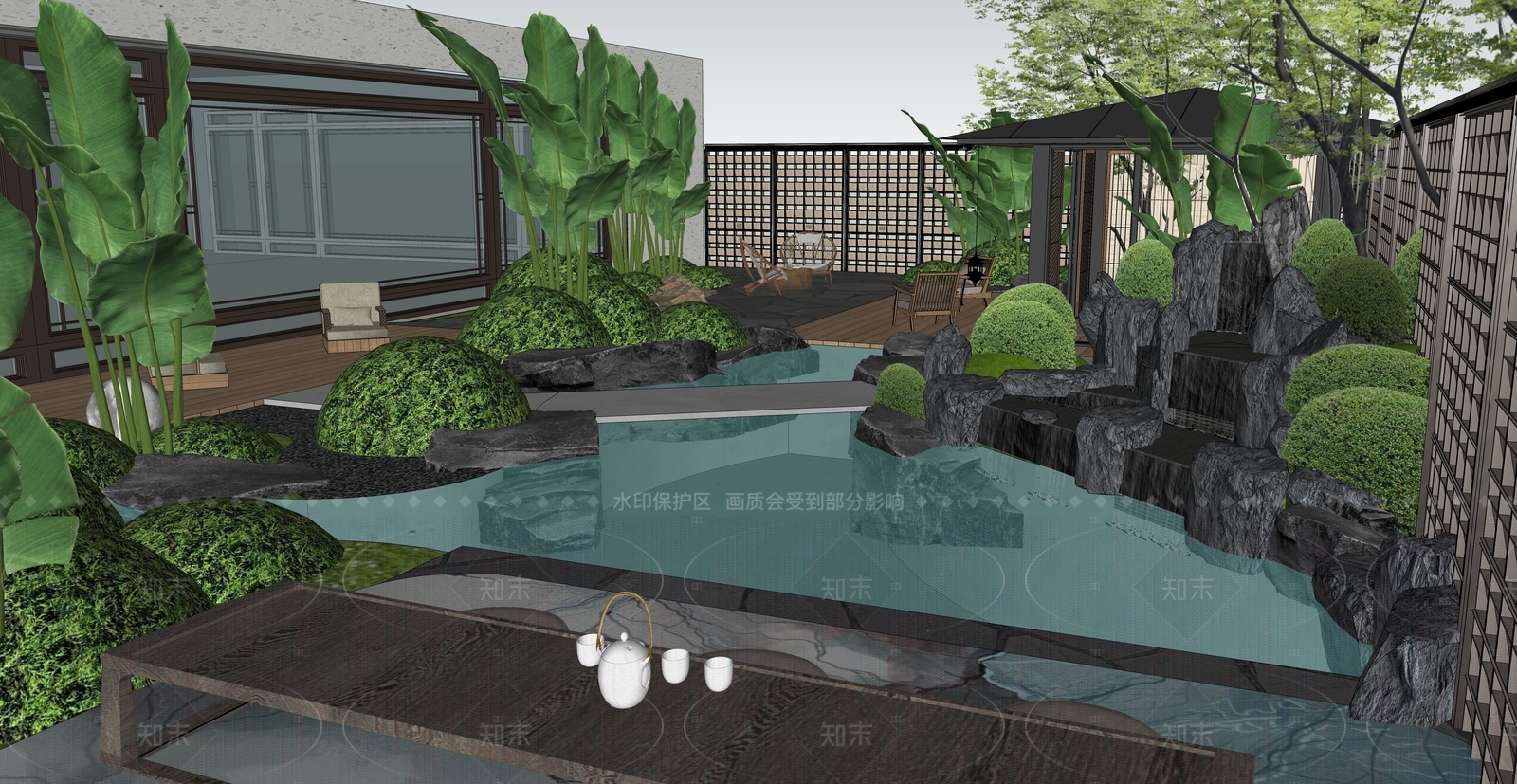 现代新中式别墅庭院SU模型下载【ID:1205313263】