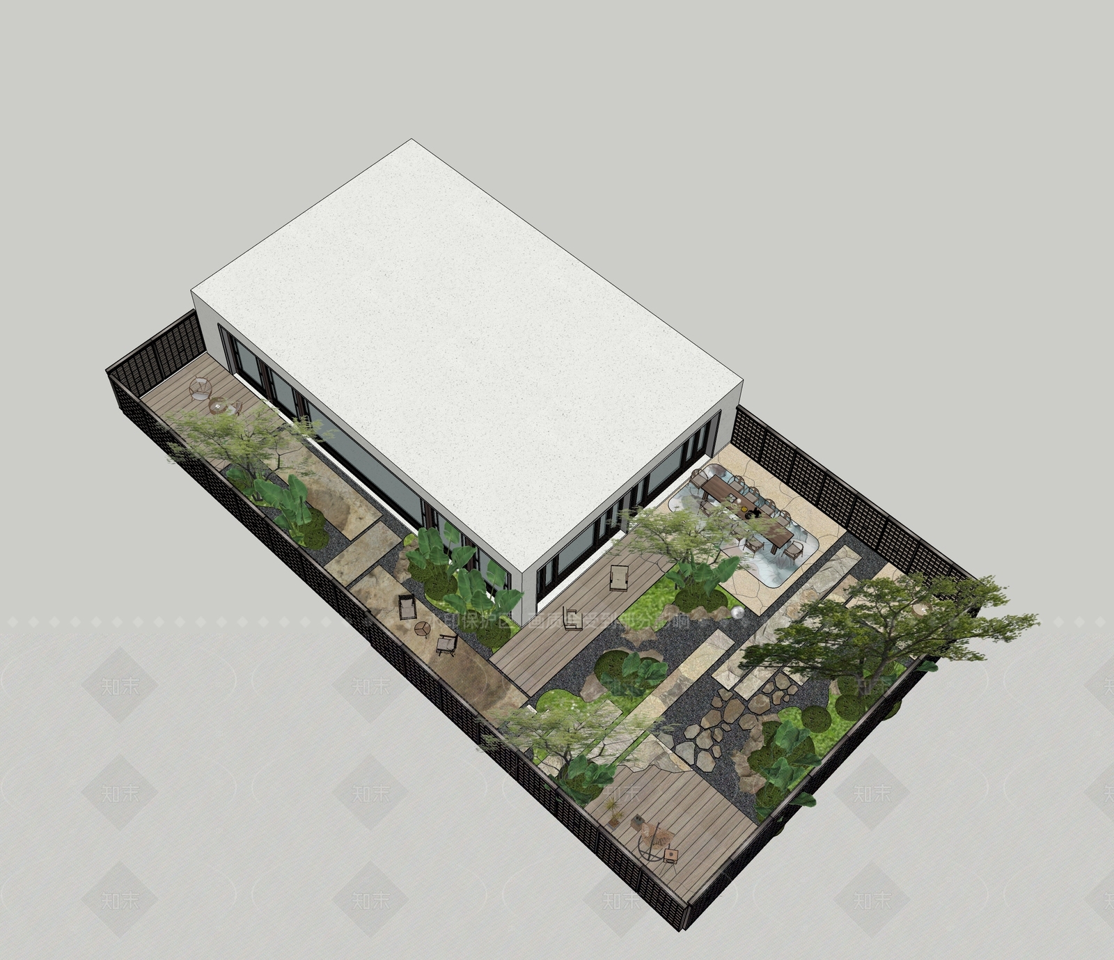 现代新中式别墅庭院SU模型下载【ID:1205354651】