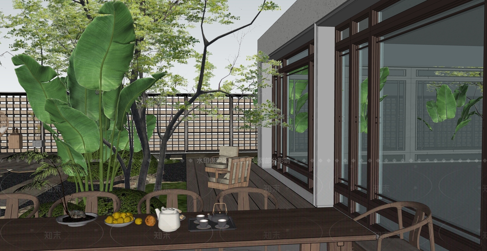 现代新中式别墅庭院SU模型下载【ID:1205354651】