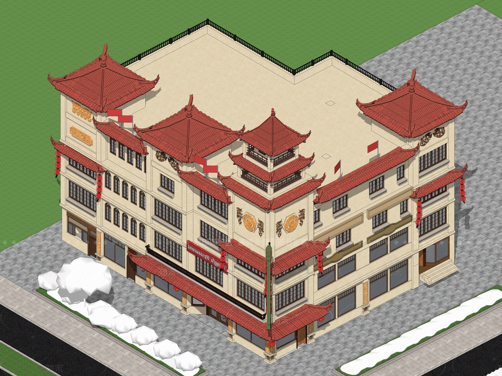 新中式中式商场建筑SU模型下载【ID:1205378577】