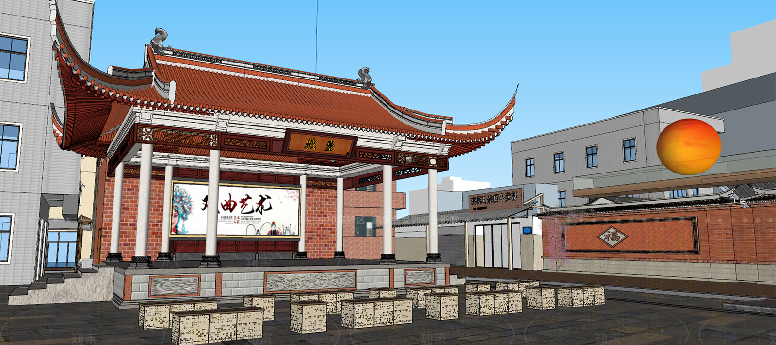 新中式现代古建筑SU模型下载【ID:1205452818】
