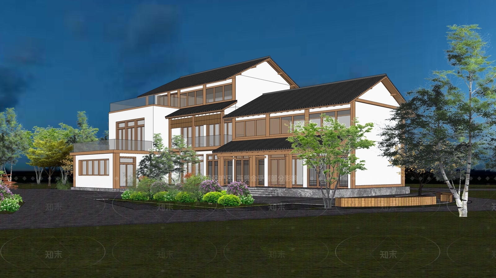 新中式简约民宿建筑SU模型下载【ID:1205463705】