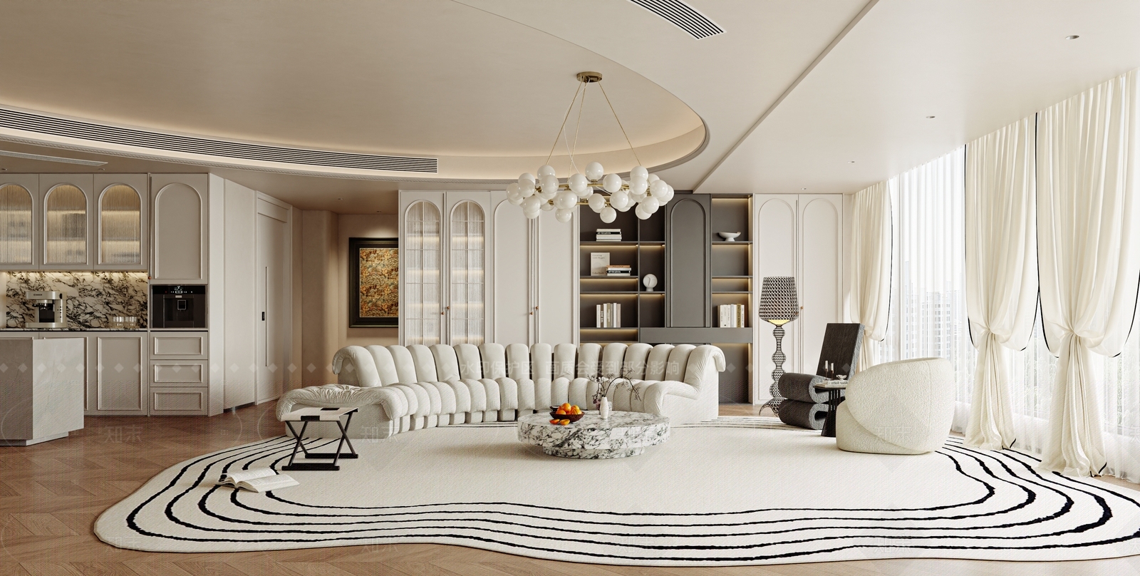 奶油法式大平层客餐厅3D模型下载【ID:1205471556】