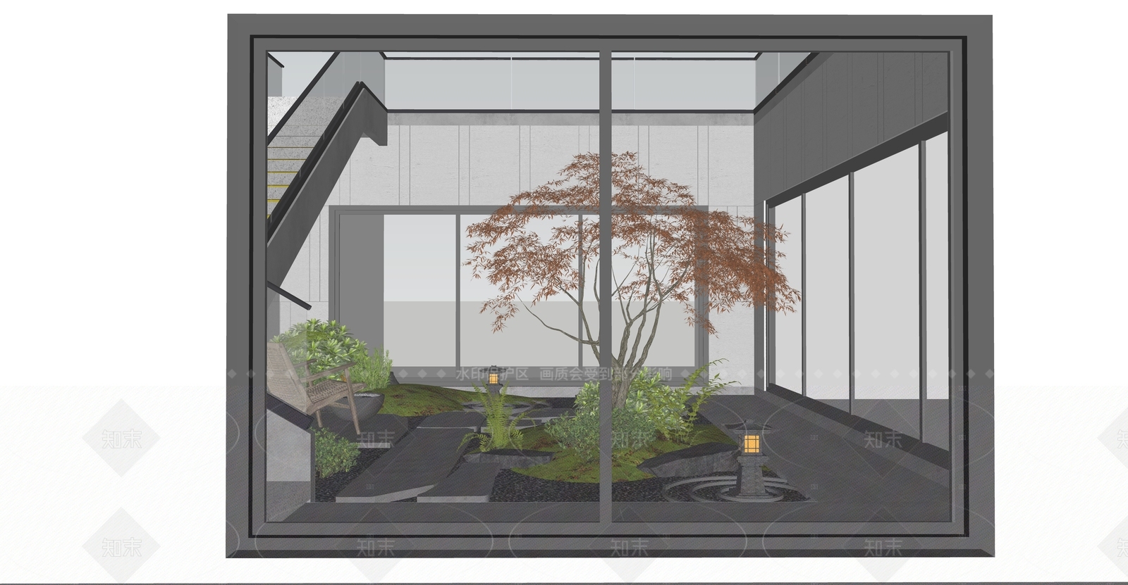 现代新中式别墅庭院SU模型下载【ID:1205512063】