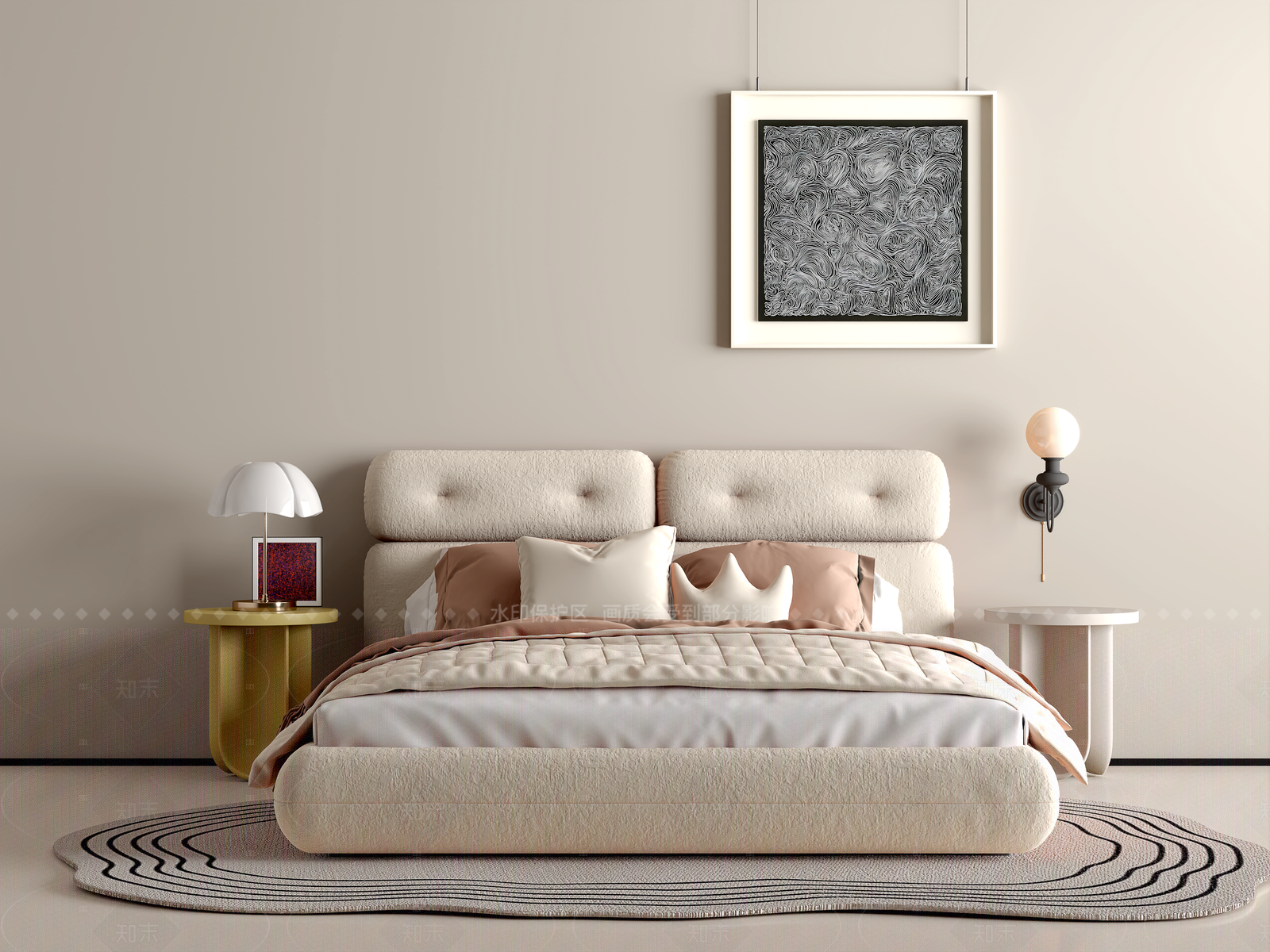 现代奶油双人床SU模型下载【ID:1205530905】