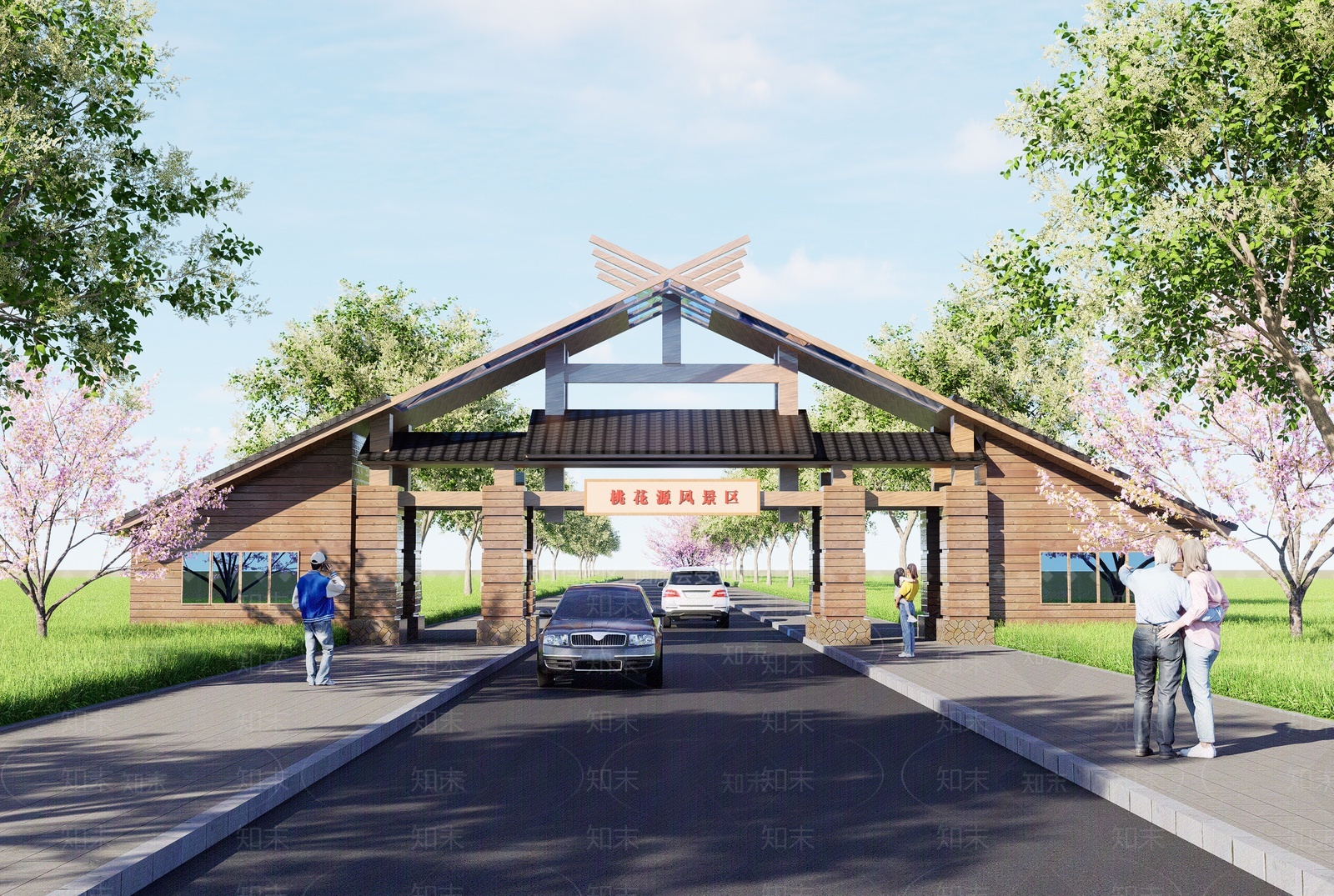 新中式原木入口大门SU模型下载【ID:1205549794】