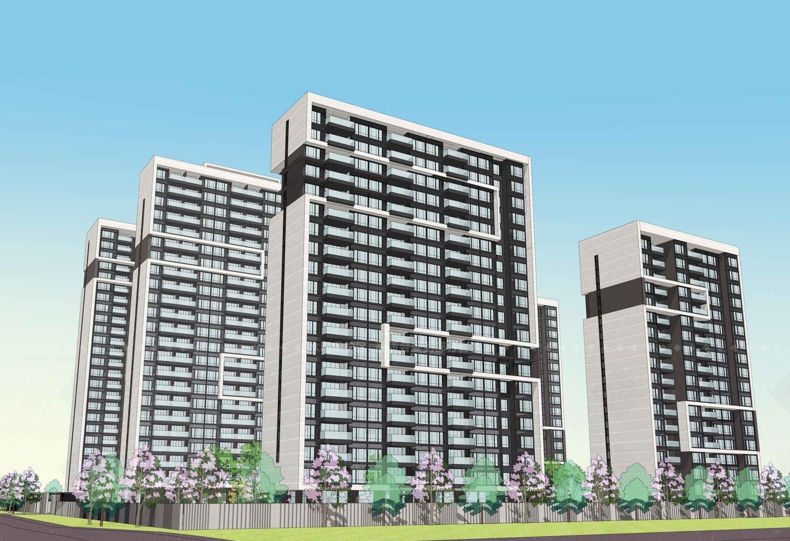 新中式简约小区建筑SU模型下载【ID:1205583139】