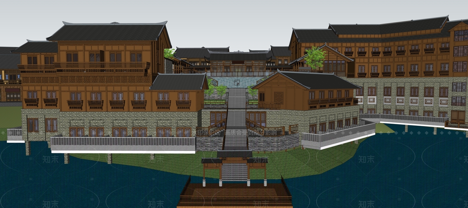 中式复古风格建筑SU模型下载【ID:1205627031】