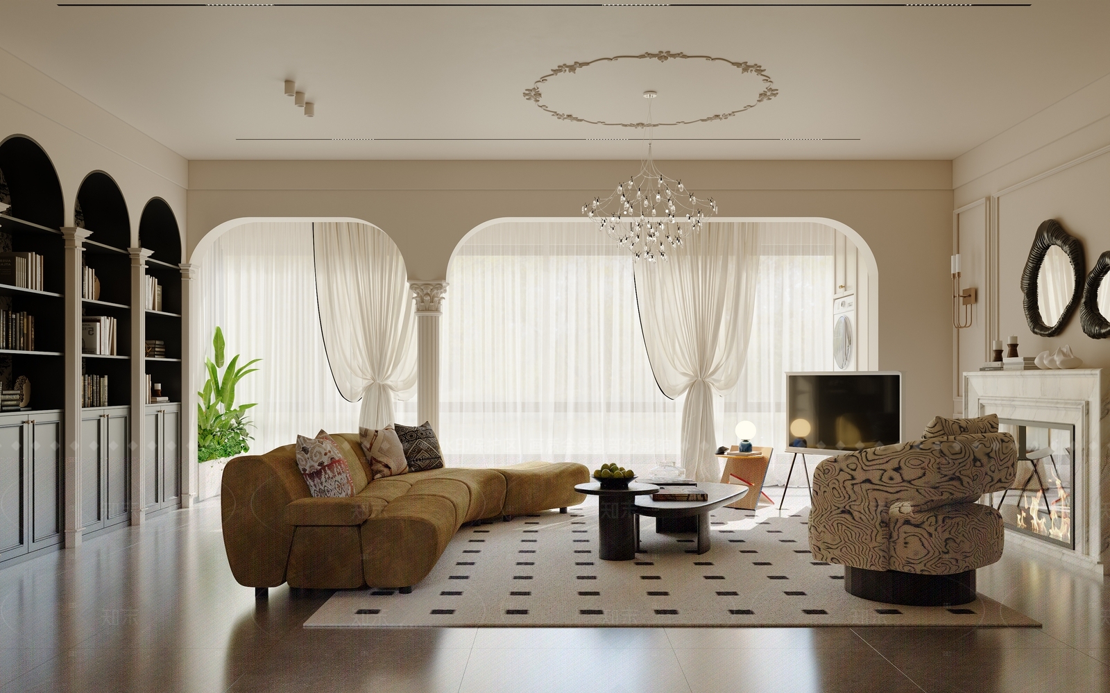 法式奶油大平层客餐厅3D模型下载【ID:1205631680】