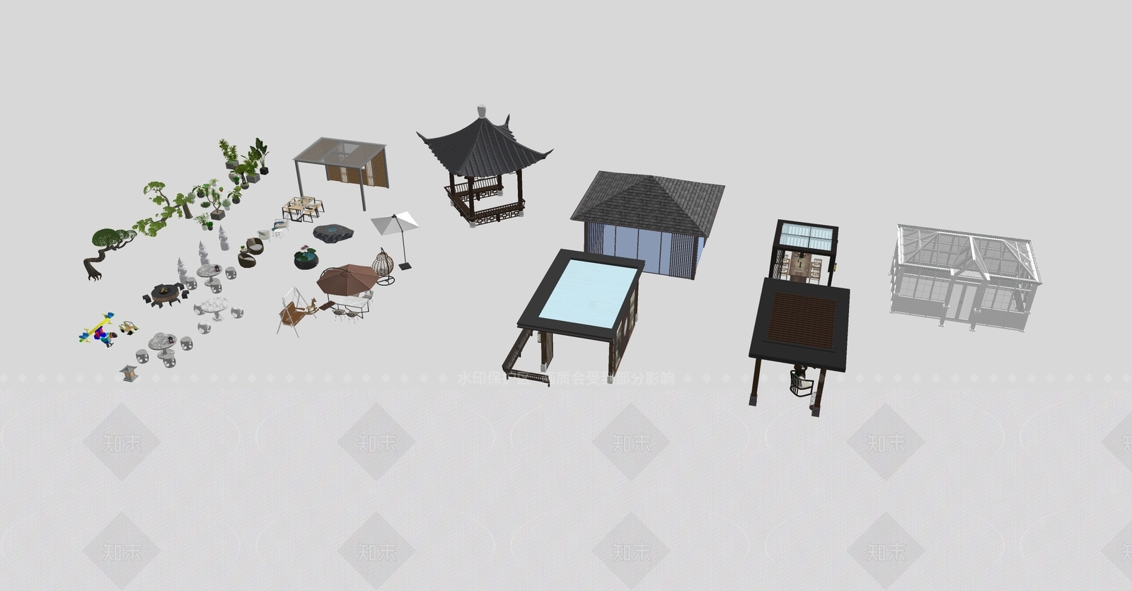 现代中式庭院小品SU模型下载【ID:1205677805】