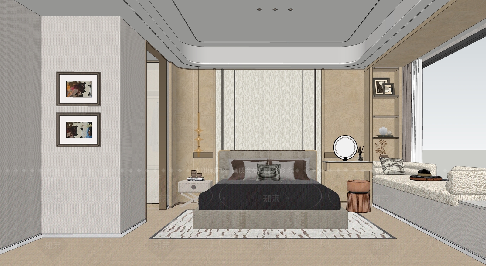现代原木家居卧室SU模型下载【ID:1205743415】