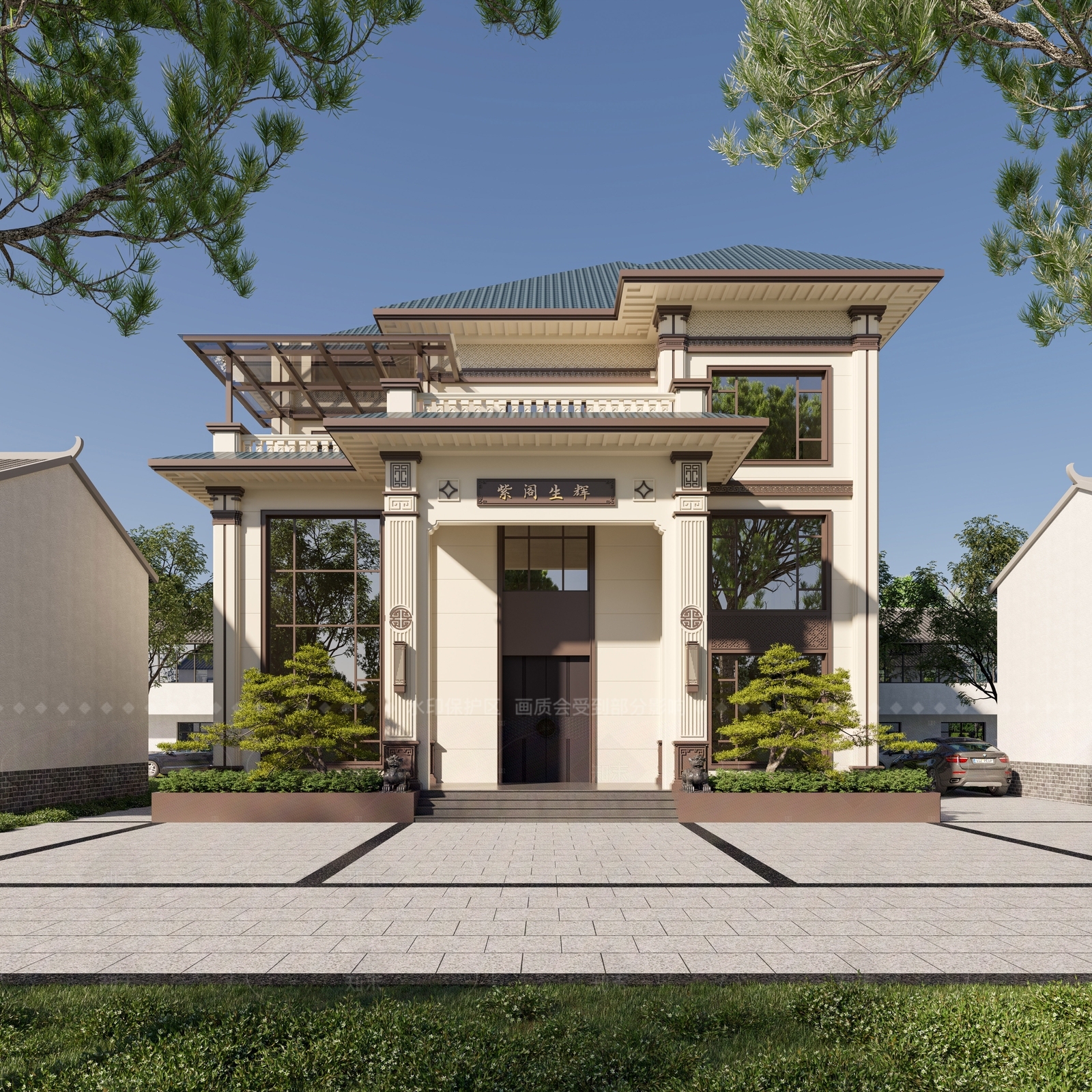 现代新中式别墅外观3D模型下载【ID:1205752354】