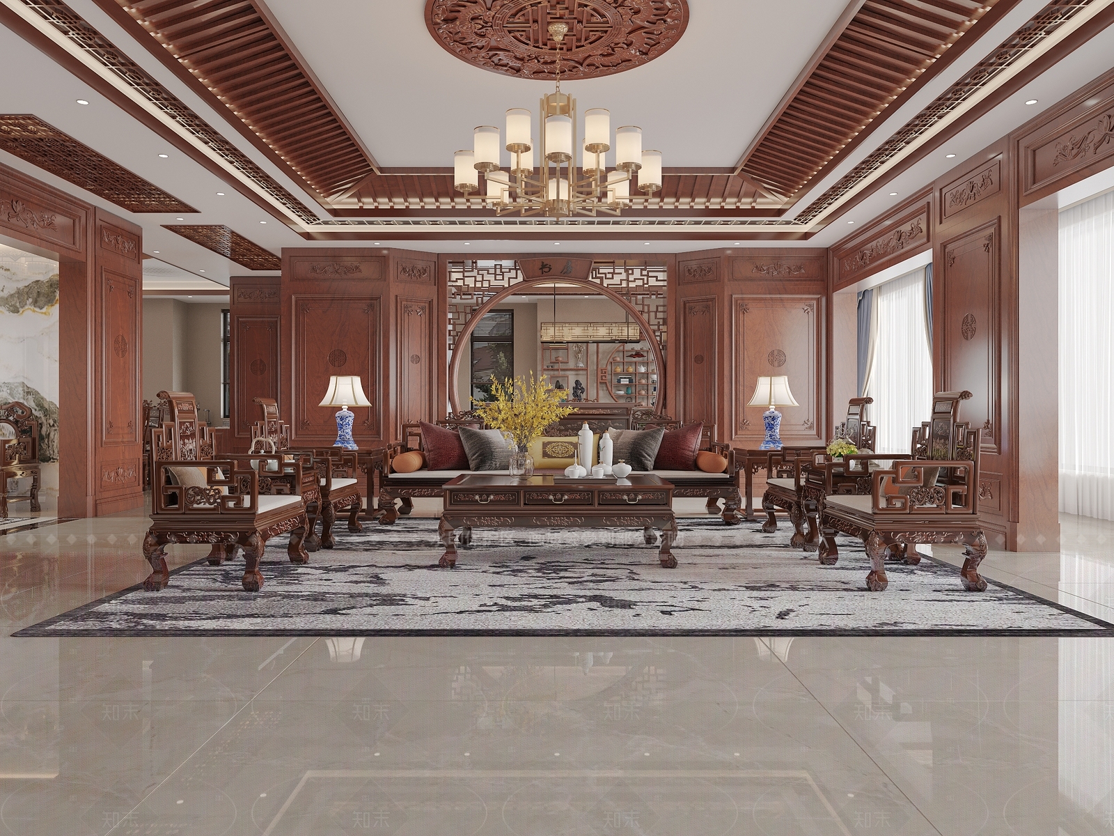 新中式中式大平层客餐厅3D模型下载【ID:1205803622】