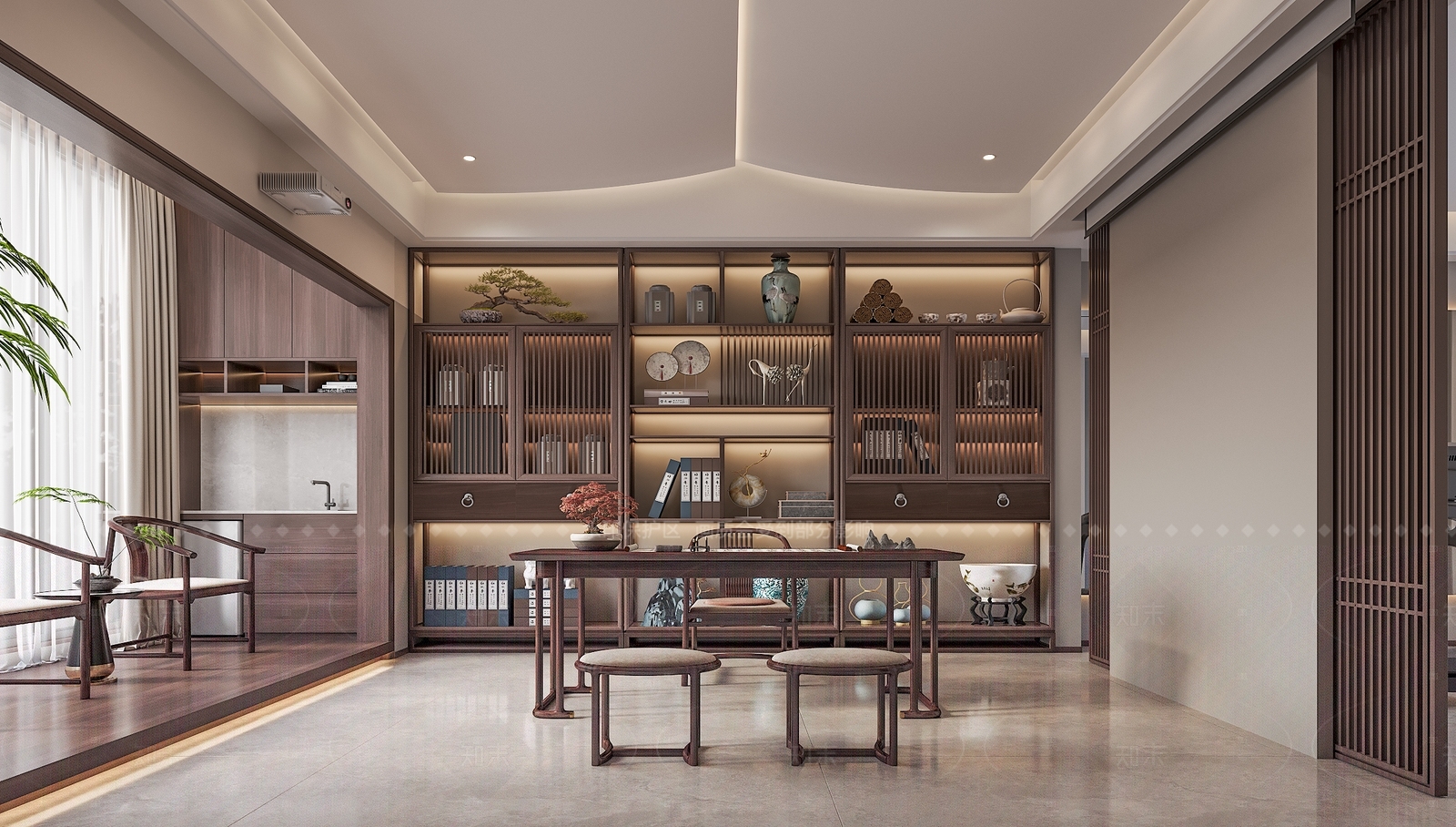 新中式中式开放式书房3D模型下载【ID:1205806544】