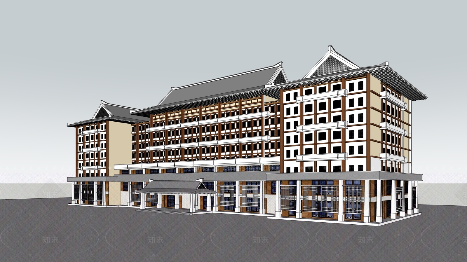 新中式中式酒店建筑SU模型下载【ID:1205813222】