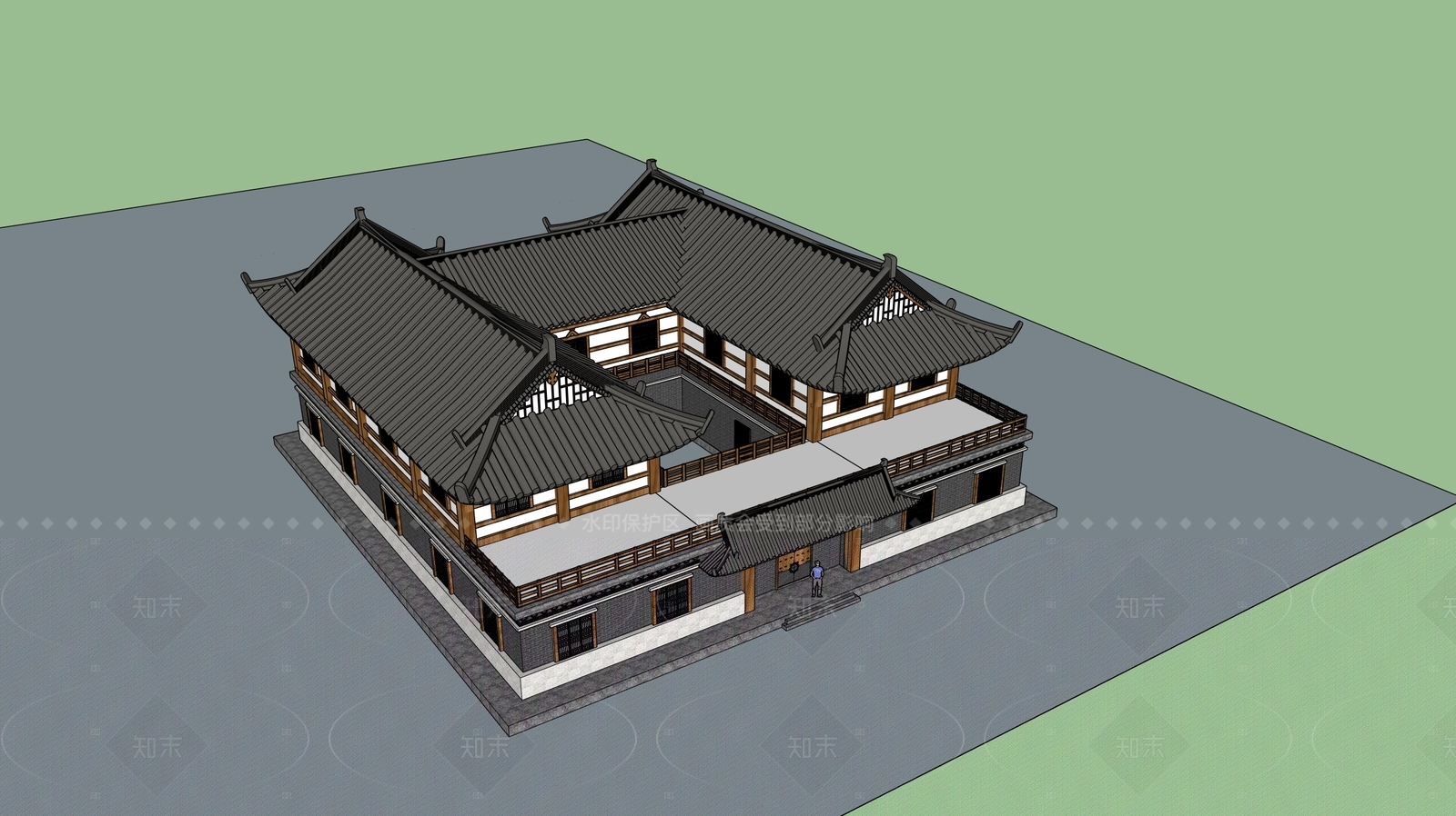 新中式中式酒店建筑SU模型下载【ID:1205813246】