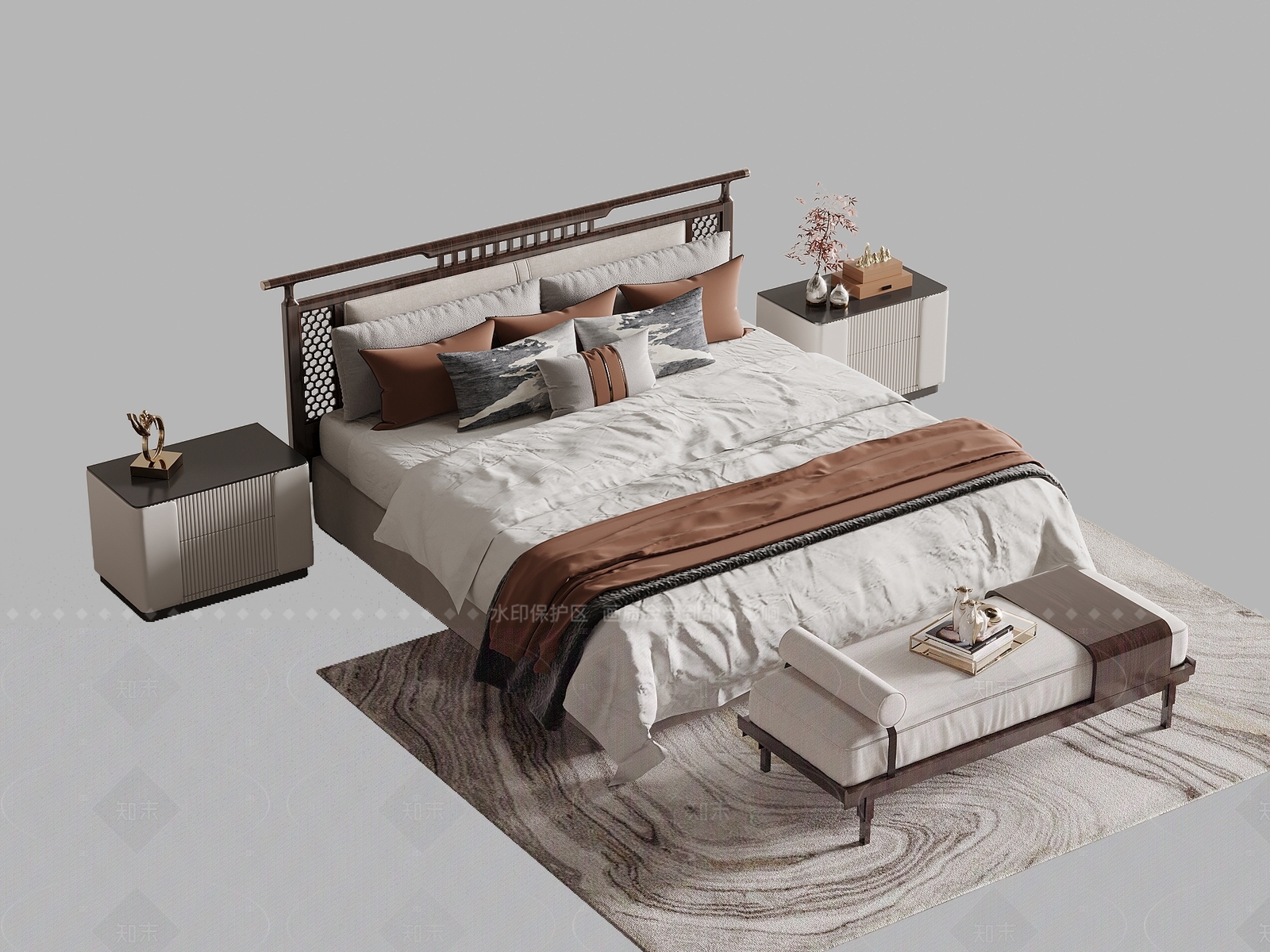 新中式双人床3D模型下载【ID:1205837067】