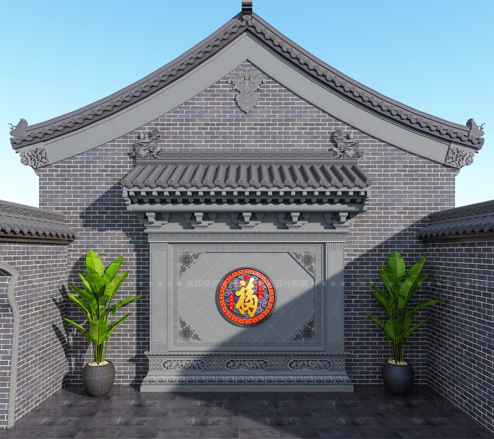 中式新中式景墙SU模型下载【ID:1205878030】