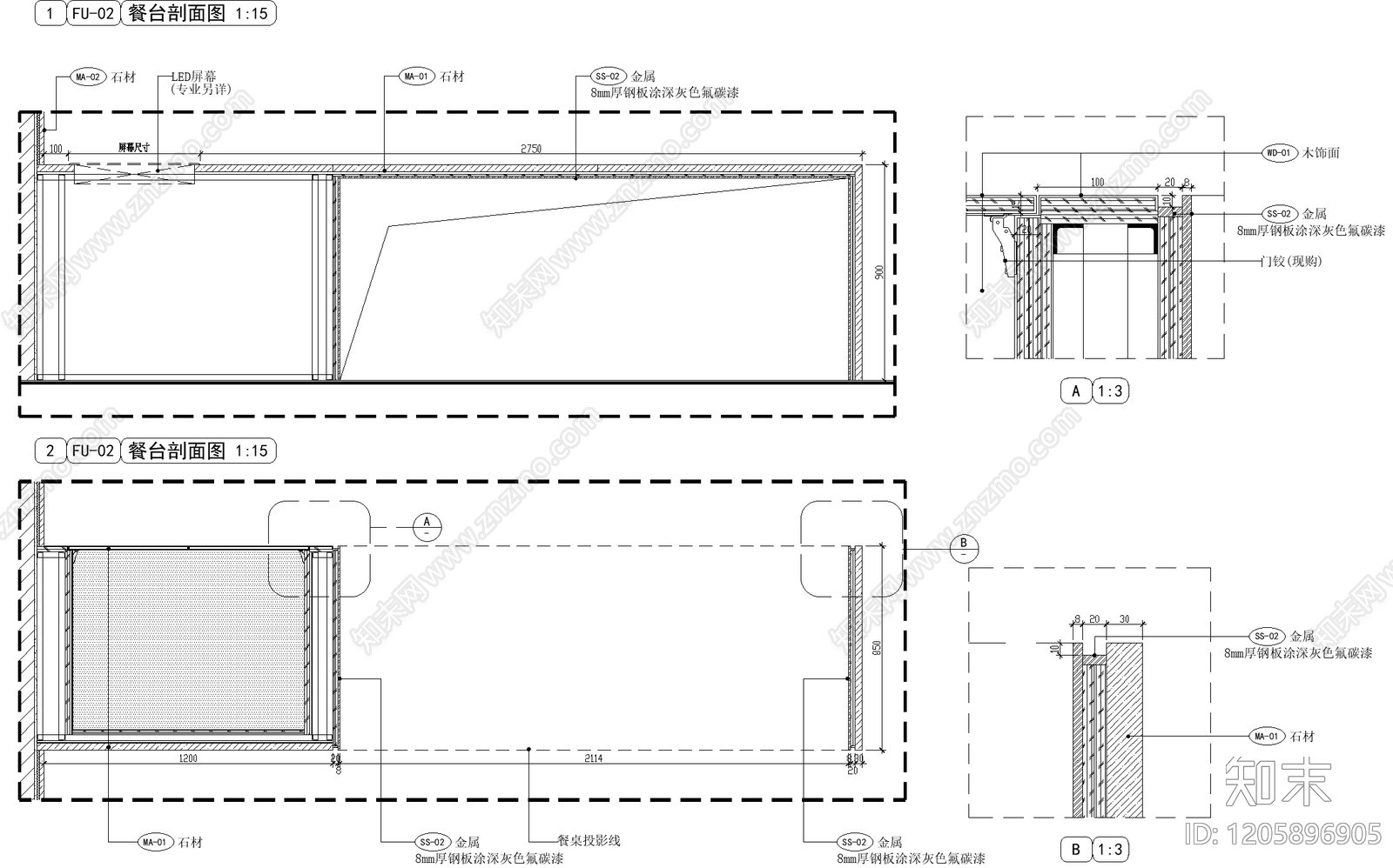 餐厅家具cad施工图下载【ID:1205896905】