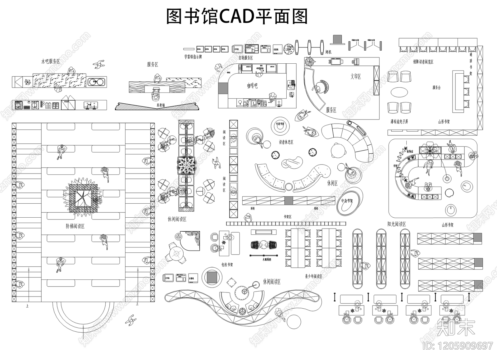 现代图书馆cad施工图下载【ID:1205909697】