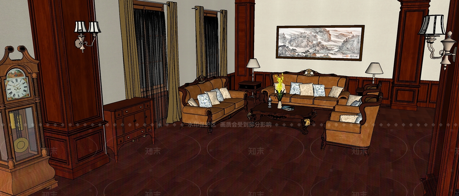 复古轻奢别墅客厅SU模型下载【ID:1206116423】