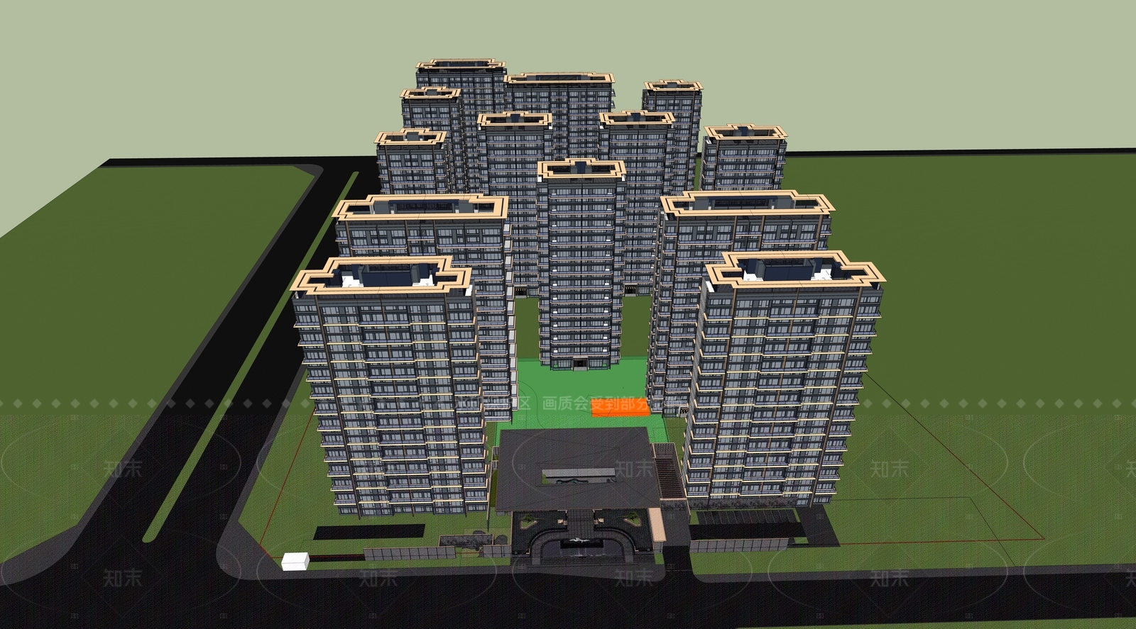 现代新中式小区建筑SU模型下载【ID:1206005549】