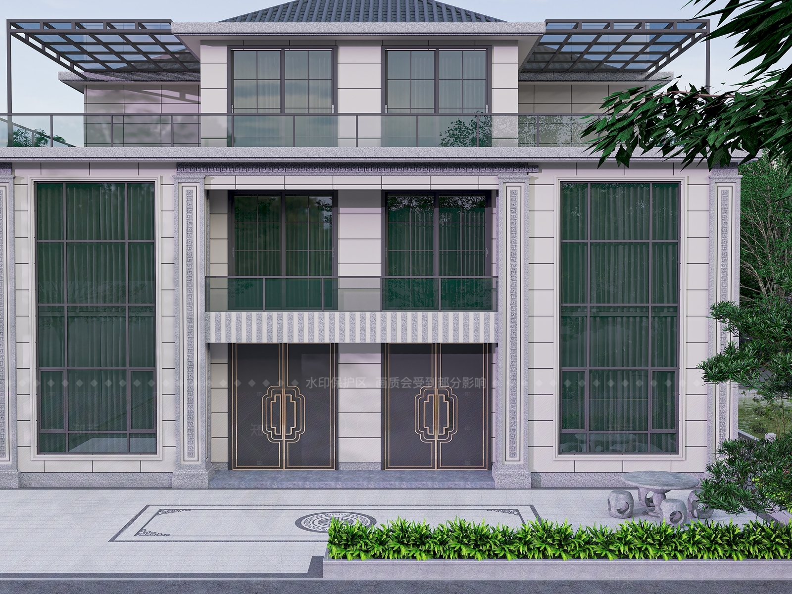 新中式现代别墅外观3D模型下载【ID:1206043236】