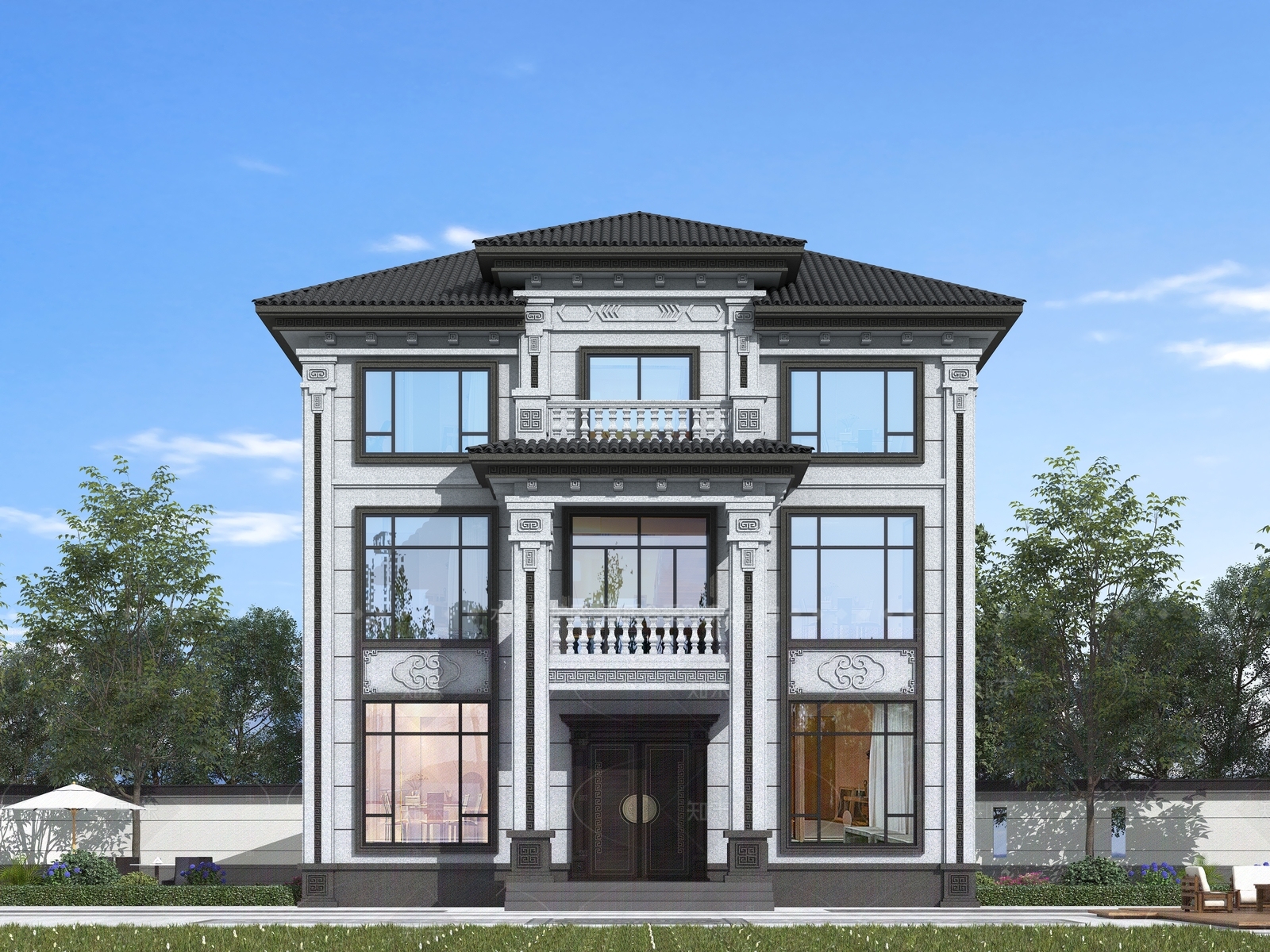 中式新中式独栋别墅3D模型下载【ID:1206061131】
