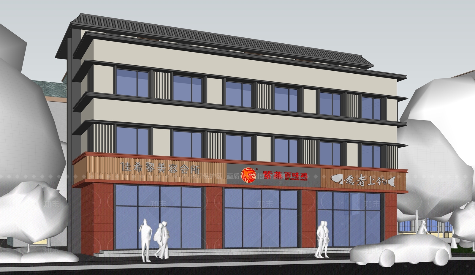 新中式民宿建筑SU模型下载【ID:1206086683】