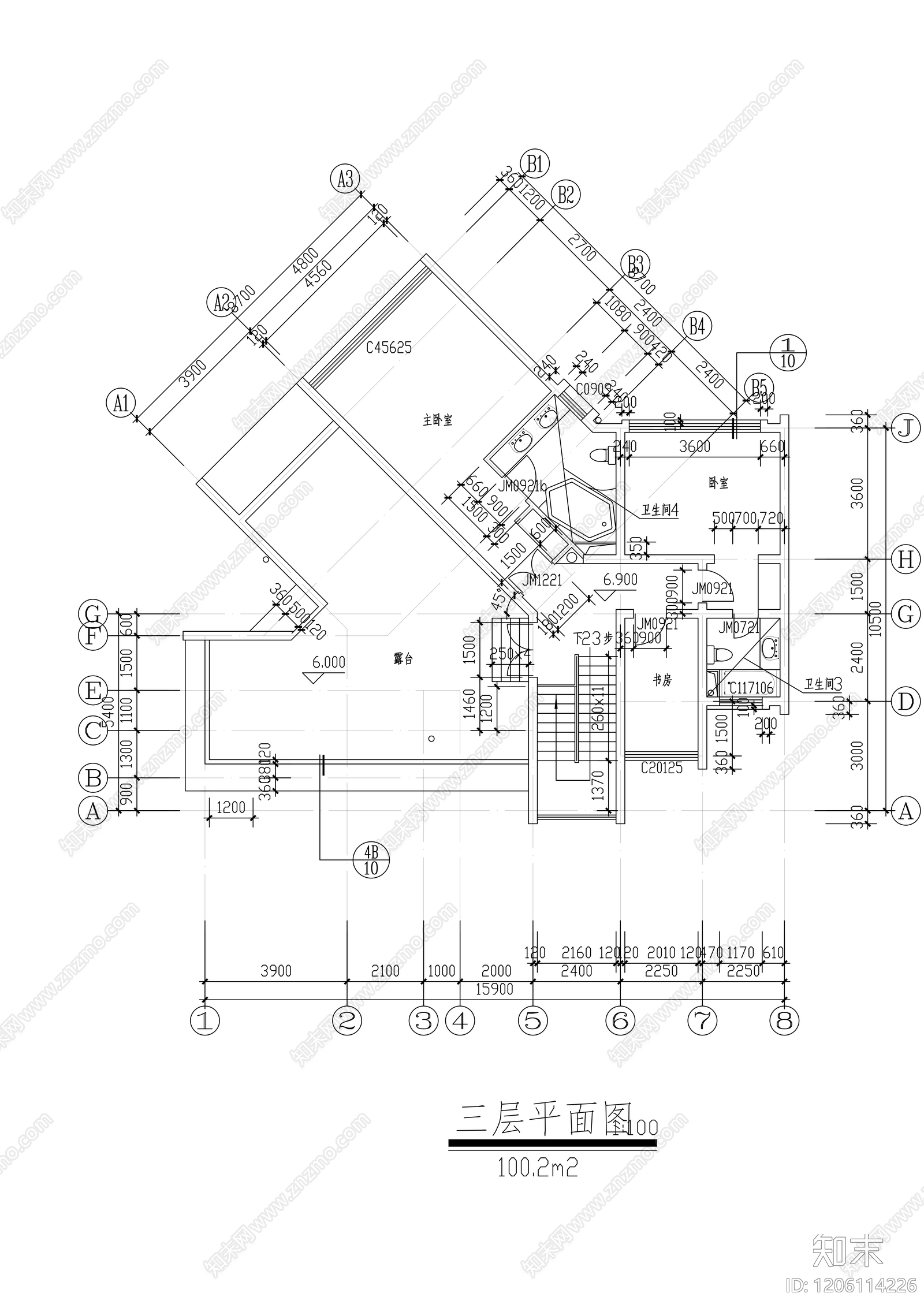 现代别墅建筑cad施工图下载【ID:1206114226】