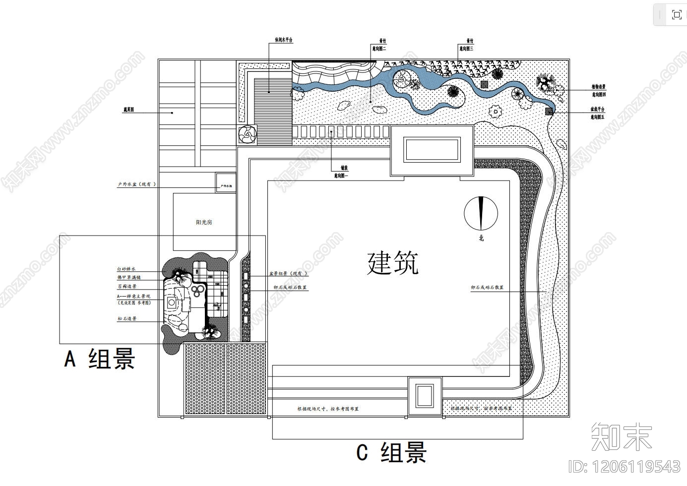 新中式日式庭院cad施工图下载【ID:1206119543】