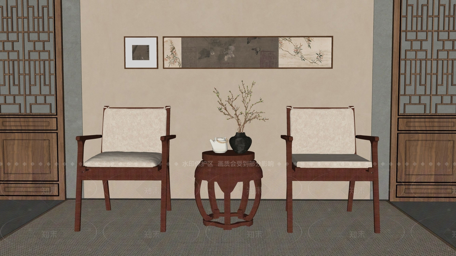 中式复古休闲桌椅SU模型下载【ID:1206135782】