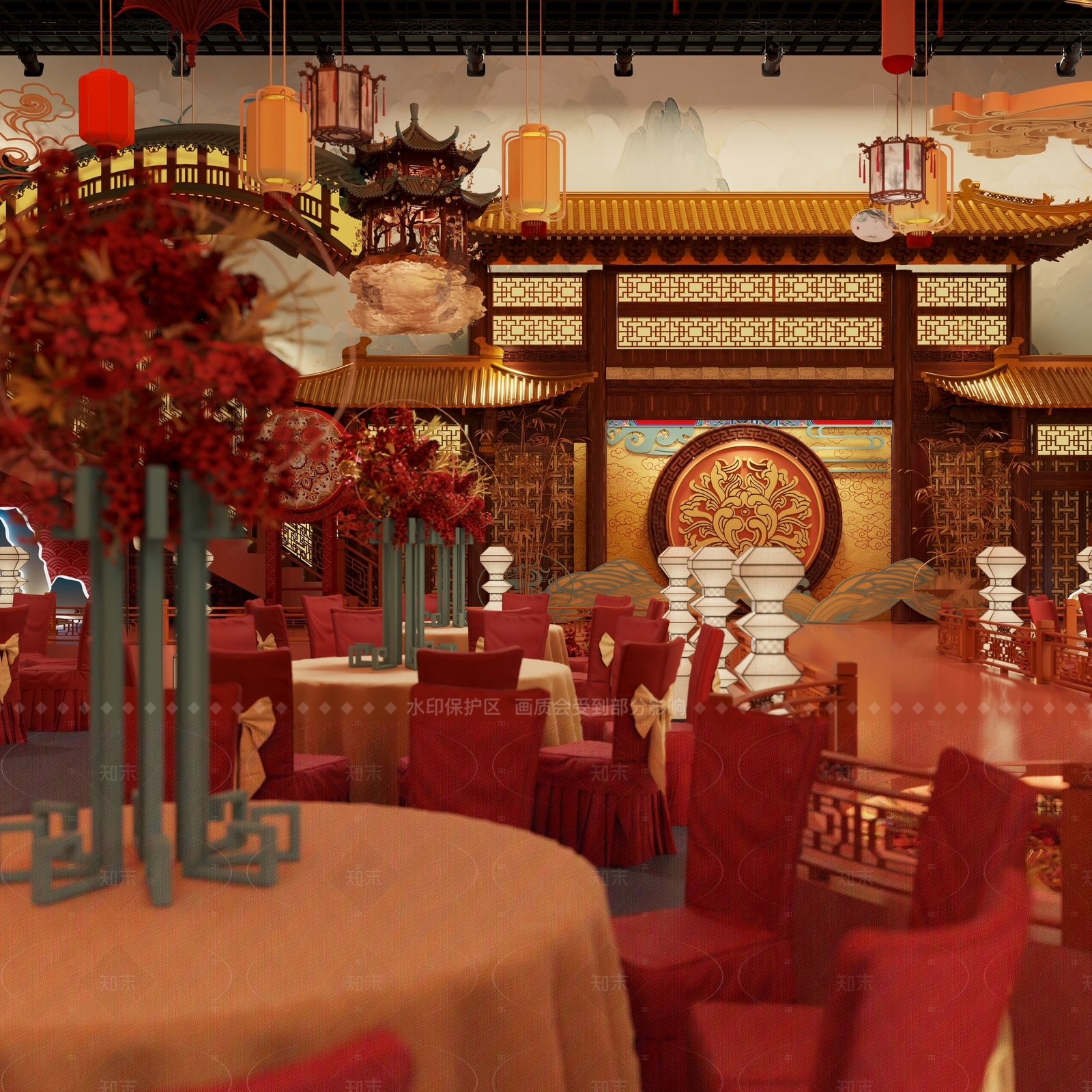 新中式中餐厅3D模型渲染效果图
