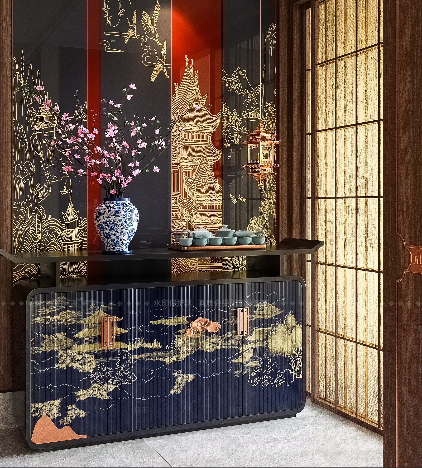 新中式中古玄关柜3D模型下载【ID:1206167059】