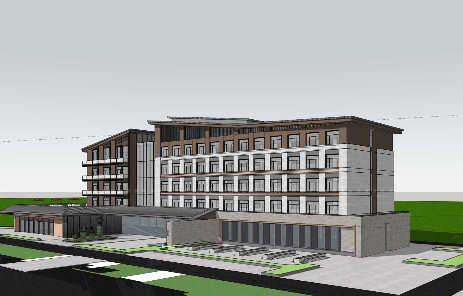 新中式中式酒店建筑SU模型下载【ID:1206176436】