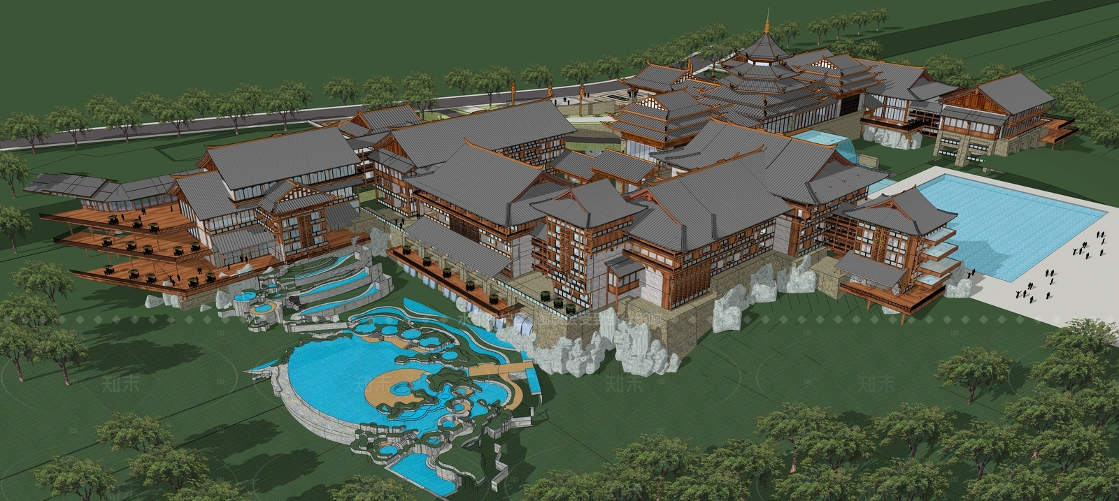 中式复古酒店建筑SU模型下载【ID:1206212392】