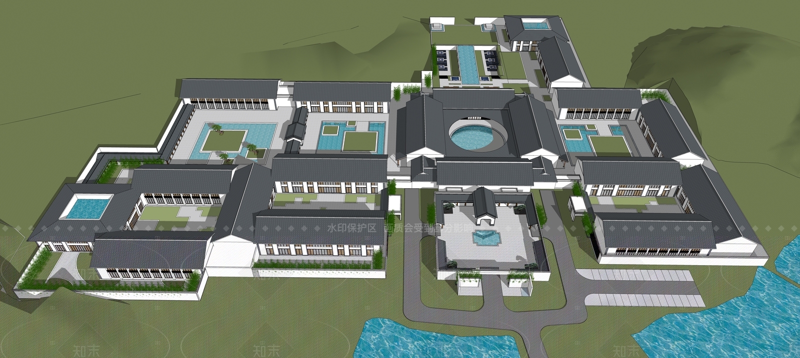 新中式中式酒店建筑SU模型下载【ID:1206214750】