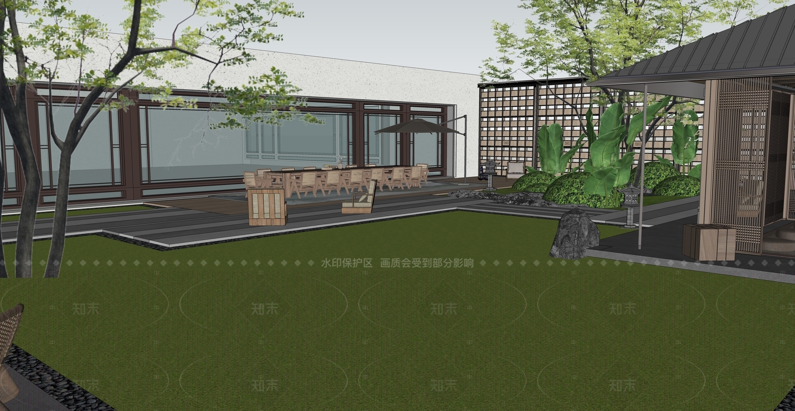 现代新中式别墅庭院SU模型下载【ID:1206233108】