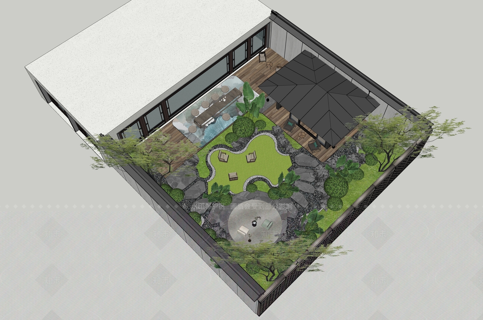 现代新中式别墅庭院SU模型下载【ID:1206233235】